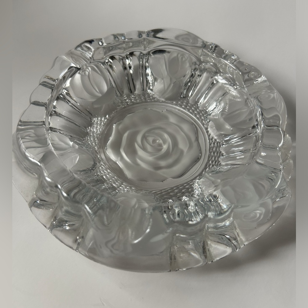 Vintage Clear Glass Ashtray/Trinket Bowl w/ Frosted Roses